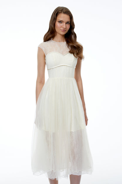 Mila Cream Semi-Sheer Tulle Midi Dress