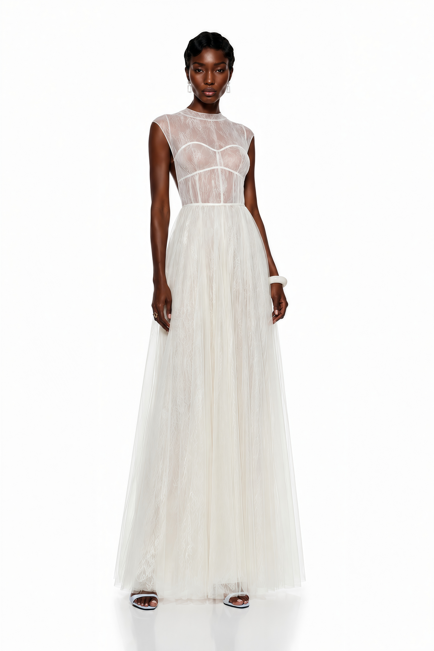 Mila Cream Semi-Sheer Tulle Midi Dress