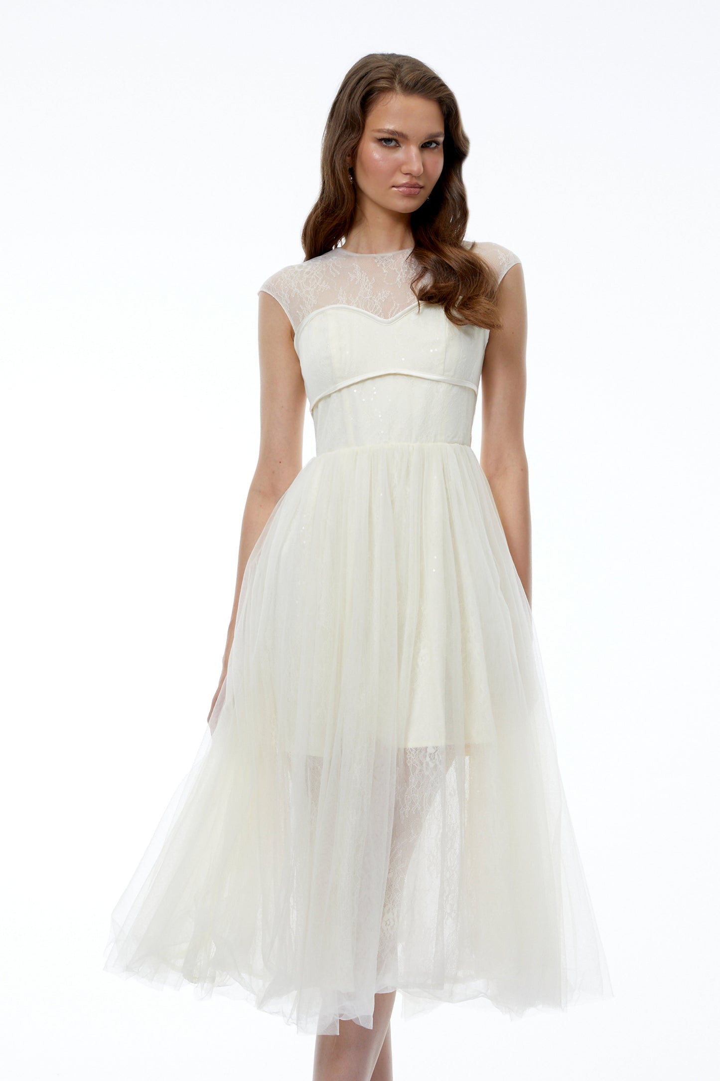Mila Cream Semi-Sheer Tulle Midi Dress