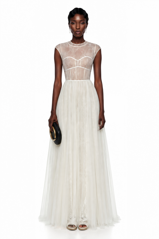 Mila Cream Semi-Sheer Tulle Midi Dress