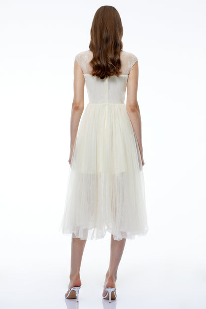 Mila Cream Semi-Sheer Tulle Midi Dress