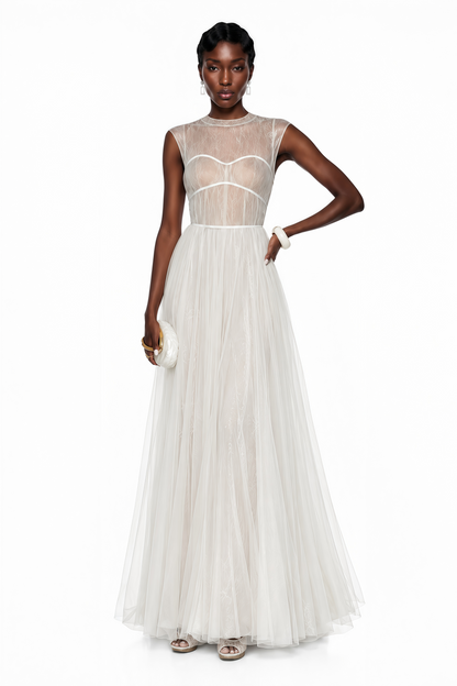 Mila Cream Semi-Sheer Tulle Midi Dress