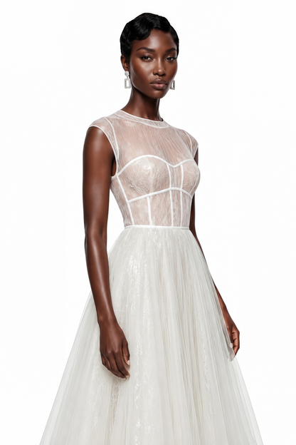 Mila Cream Semi-Sheer Tulle Midi Dress