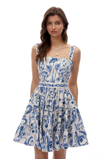 Milford Blue Floral Print Ruffled Mini Dress