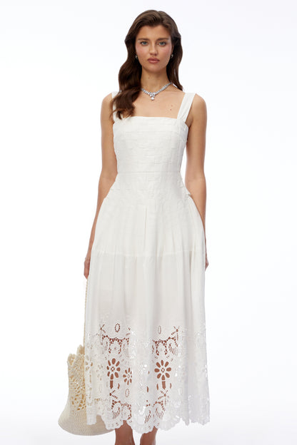 Mina White Square Neck Lace Pleated Maxi Dress