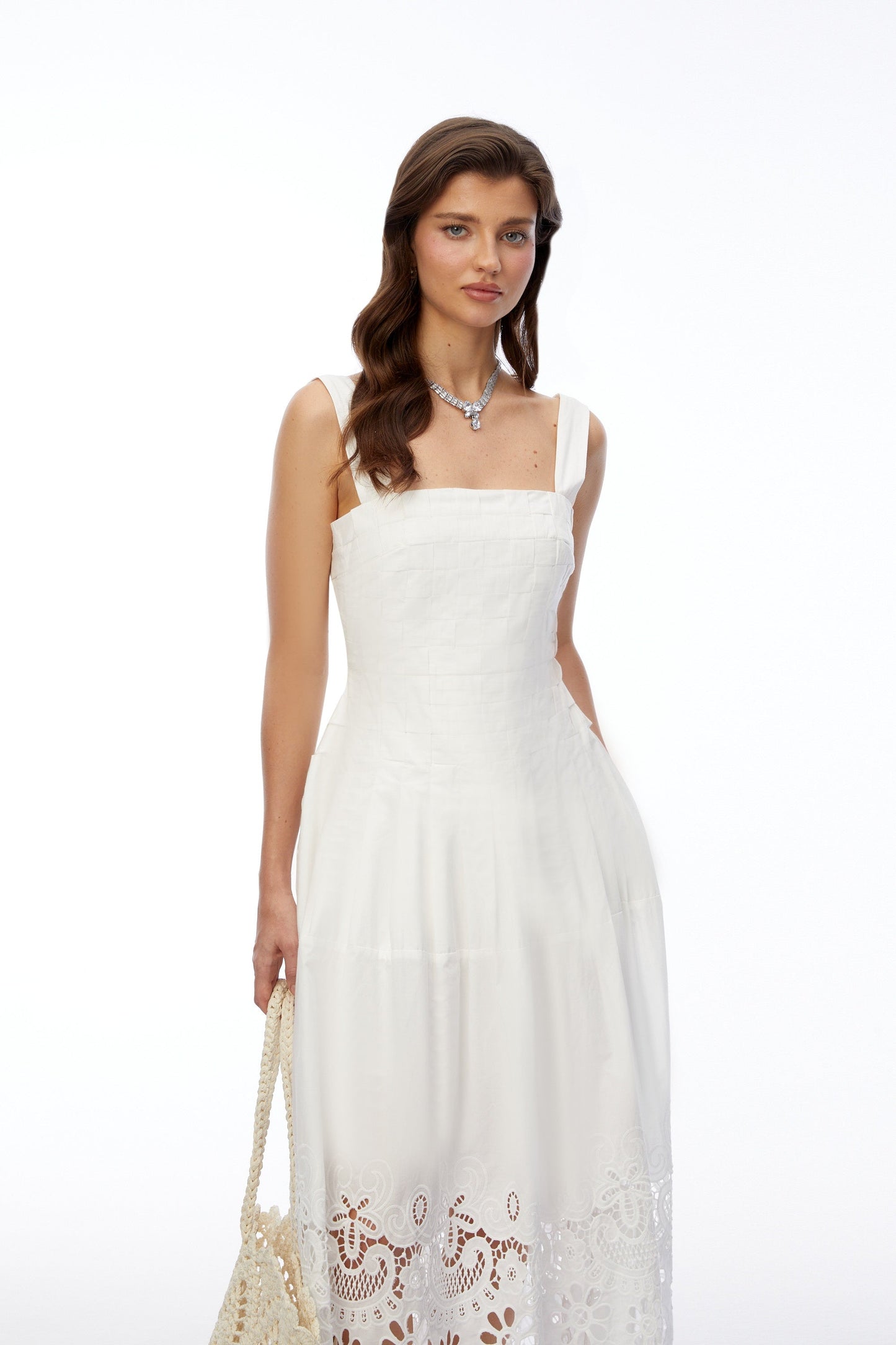 Mina White Square Neck Lace Pleated Maxi Dress