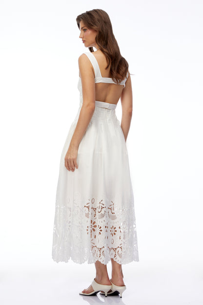 Mina White Square Neck Lace Pleated Maxi Dress