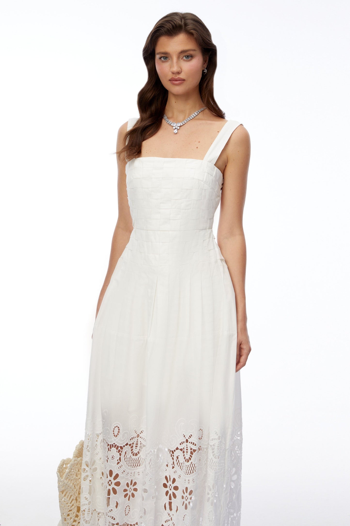 Mina White Square Neck Lace Pleated Maxi Dress