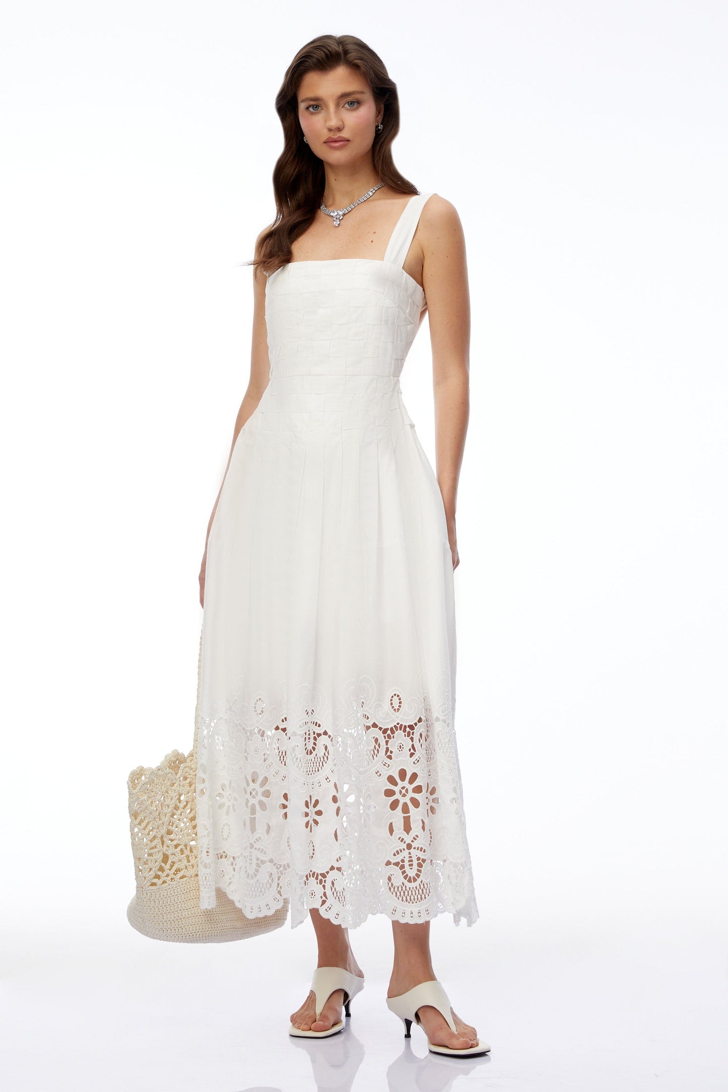 Mina White Square Neck Lace Pleated Maxi Dress