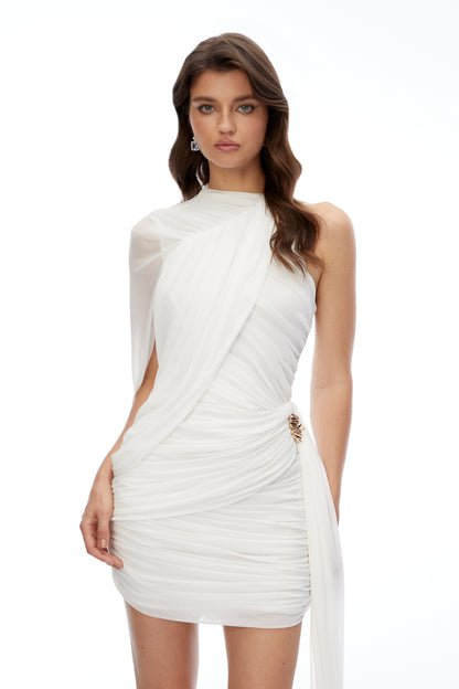 Minke Beyaz Asimetrik Dantelli Bodycon Mini Elbise