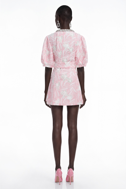 Minnie Pink Lace Mini Dress with Floral Embroidery