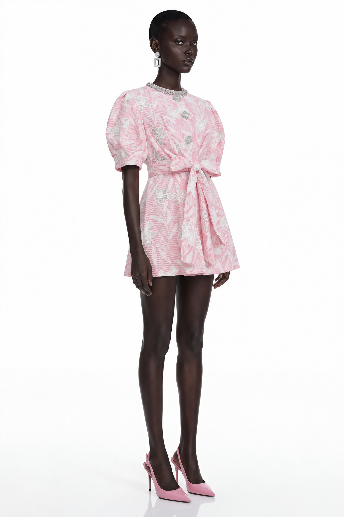 Minnie Pink Lace Mini Dress with Floral Embroidery