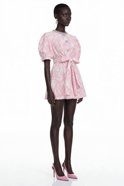 Minnie Pink Lace Mini Dress with Floral Embroidery