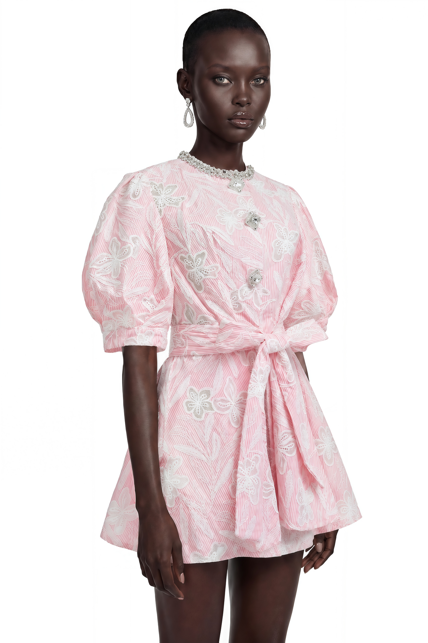 Minnie Pink Lace Mini Dress with Floral Embroidery