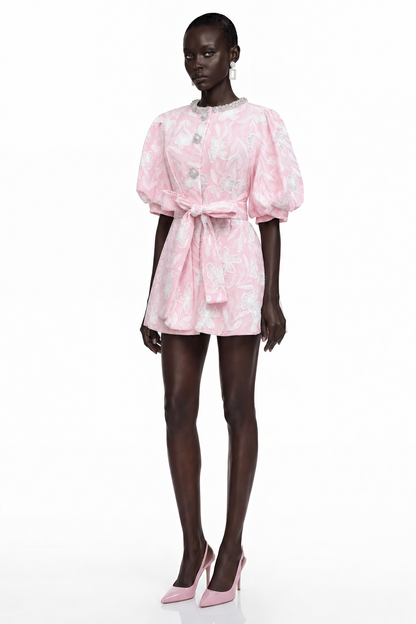 Minnie Pink Lace Mini Dress with Floral Embroidery
