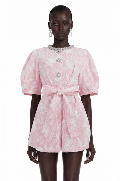Minnie Pink Lace Mini Dress with Floral Embroidery