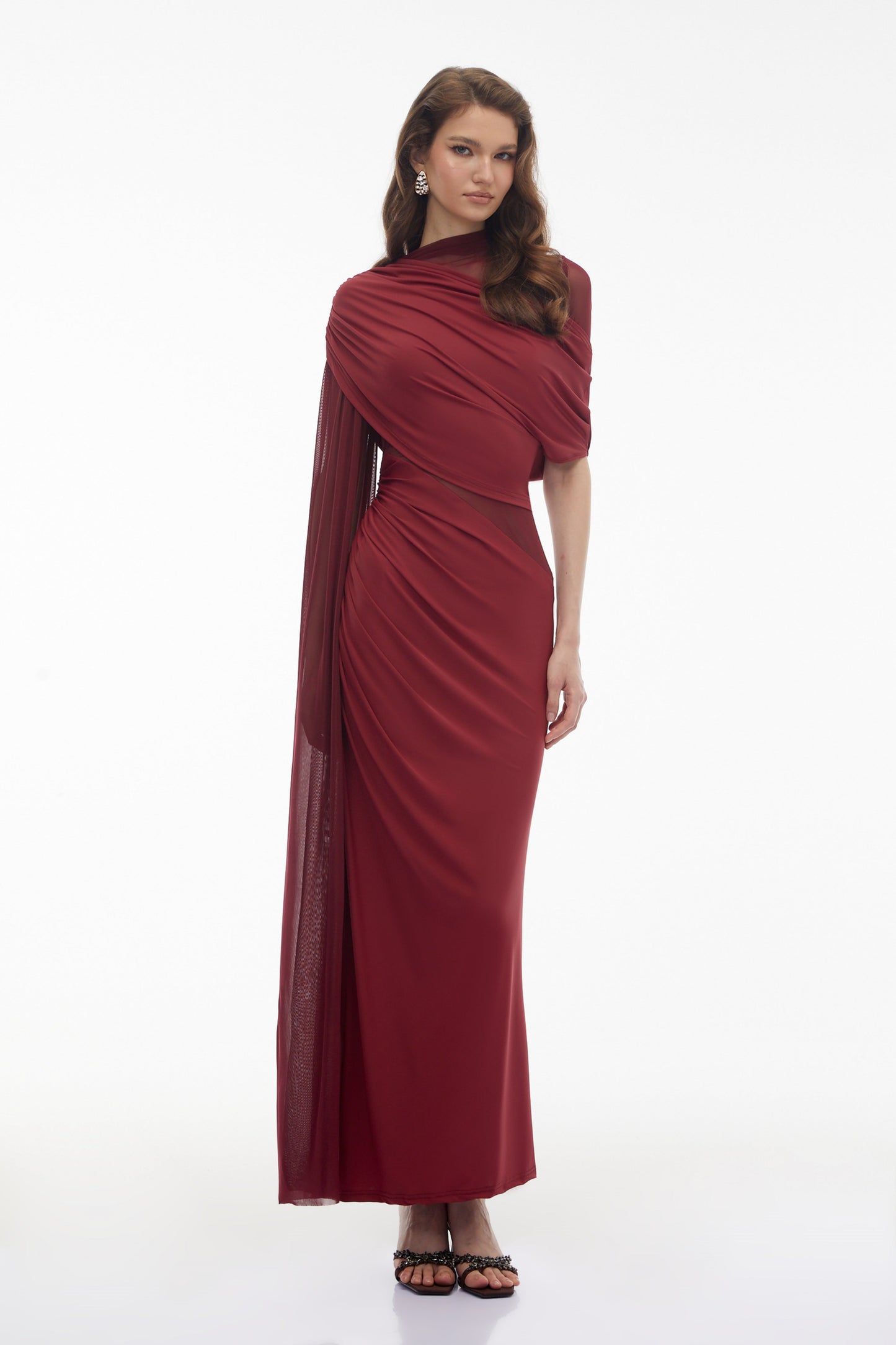 Mioara Red Asymmetrical Draped Cape Design Dress