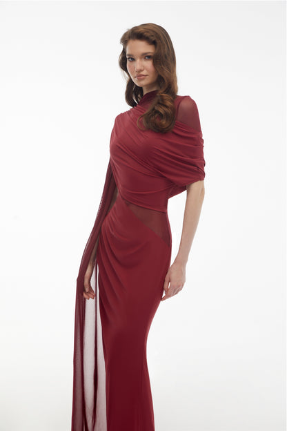 Mioara Red Asymmetrical Draped Cape Design Dress
