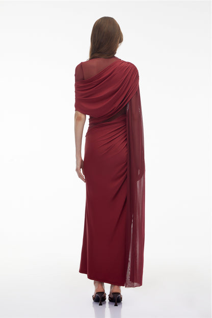 Mioara Red Asymmetrical Draped Cape Design Dress