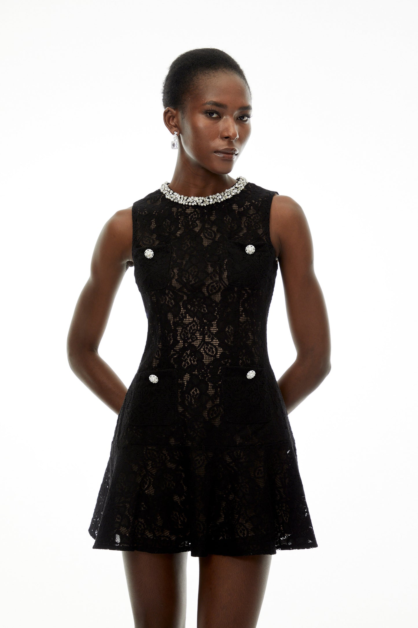 Mirabella Black Round Neck Floral Lace Mini Dress