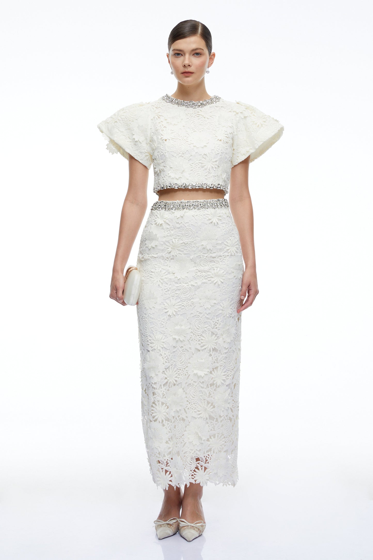 Mireille White Crystal Embellished Lace Top & Skirt Set