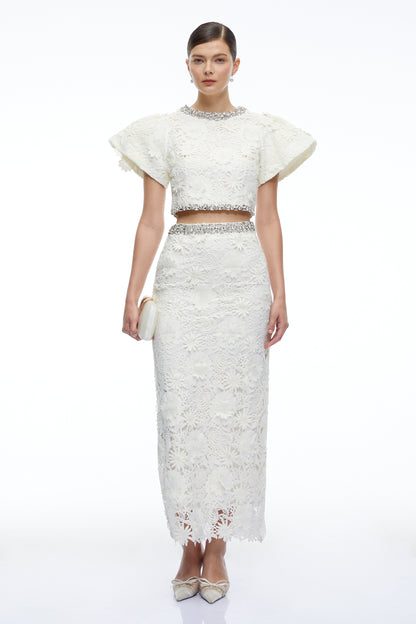 Mireille White Crystal Embellished Lace Top & Skirt Set