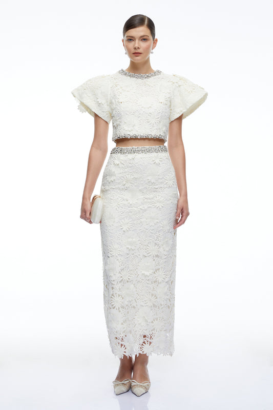 Mireille White Crystal Embellished Lace Top & Skirt Set