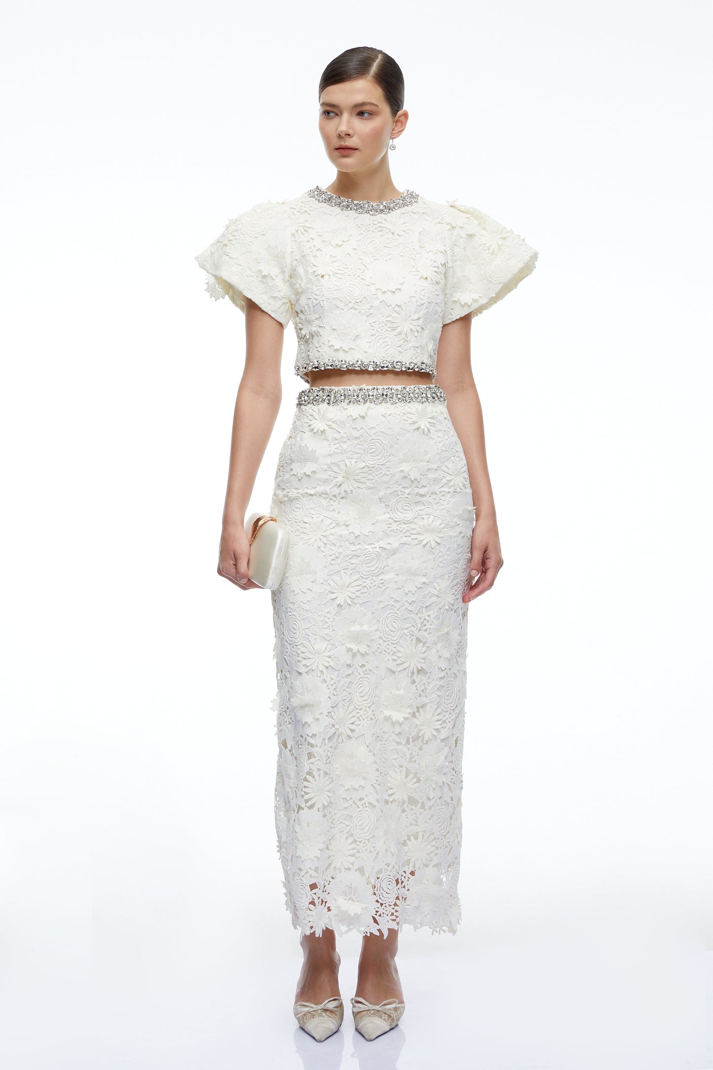 Mireille White Crystal Embellished Lace Top & Skirt Set