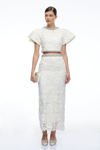 Mireille White Crystal Embellished Lace Top & Skirt Set