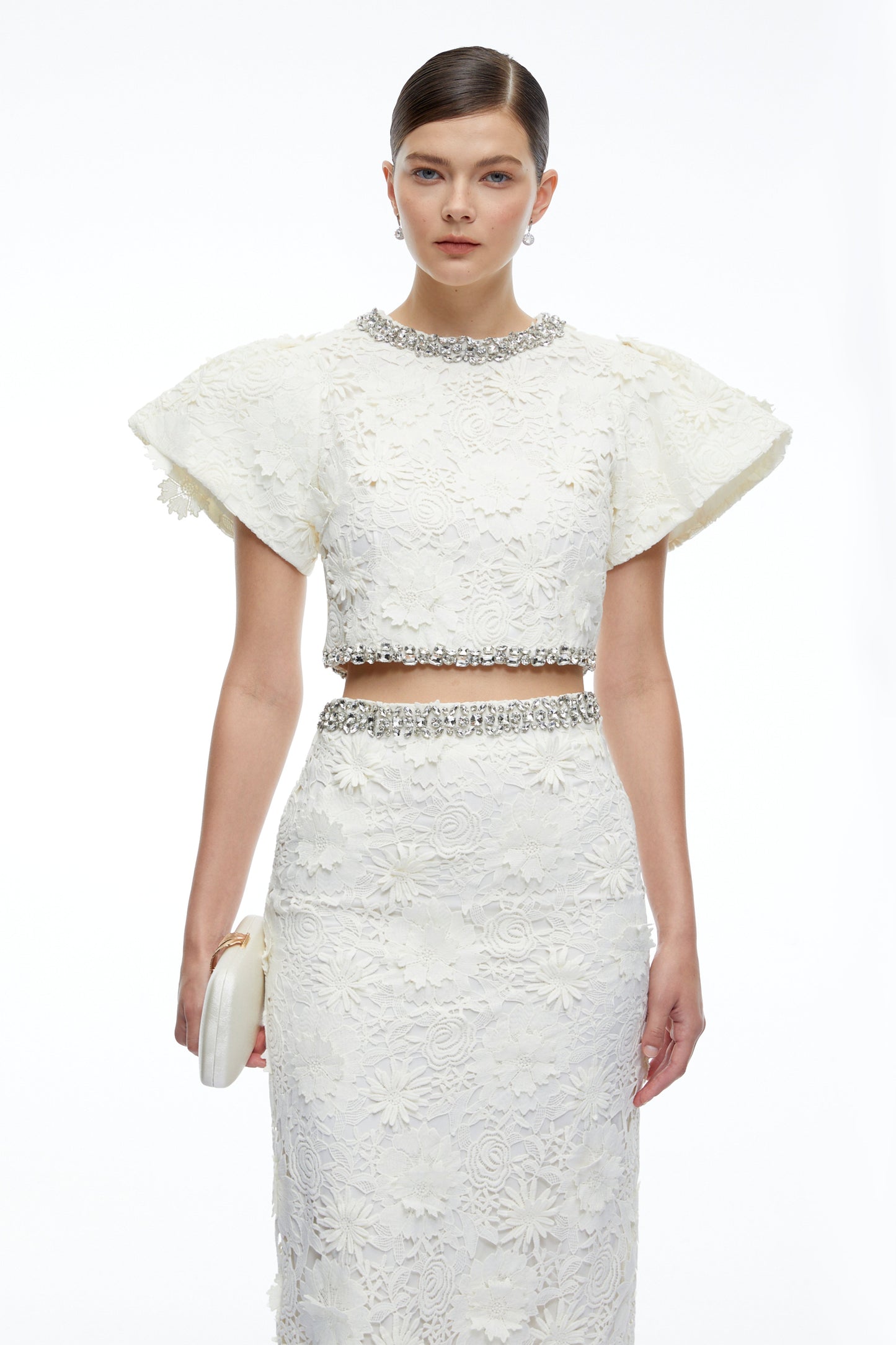Mireille White Crystal Embellished Lace Top & Skirt Set