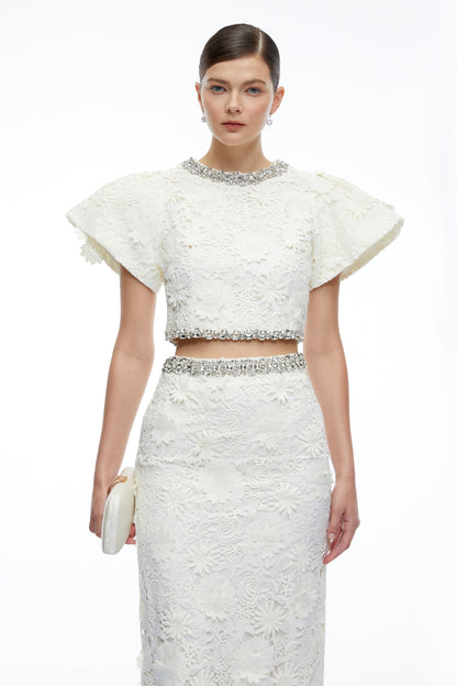 Mireille White Crystal Embellished Lace Top & Skirt Set