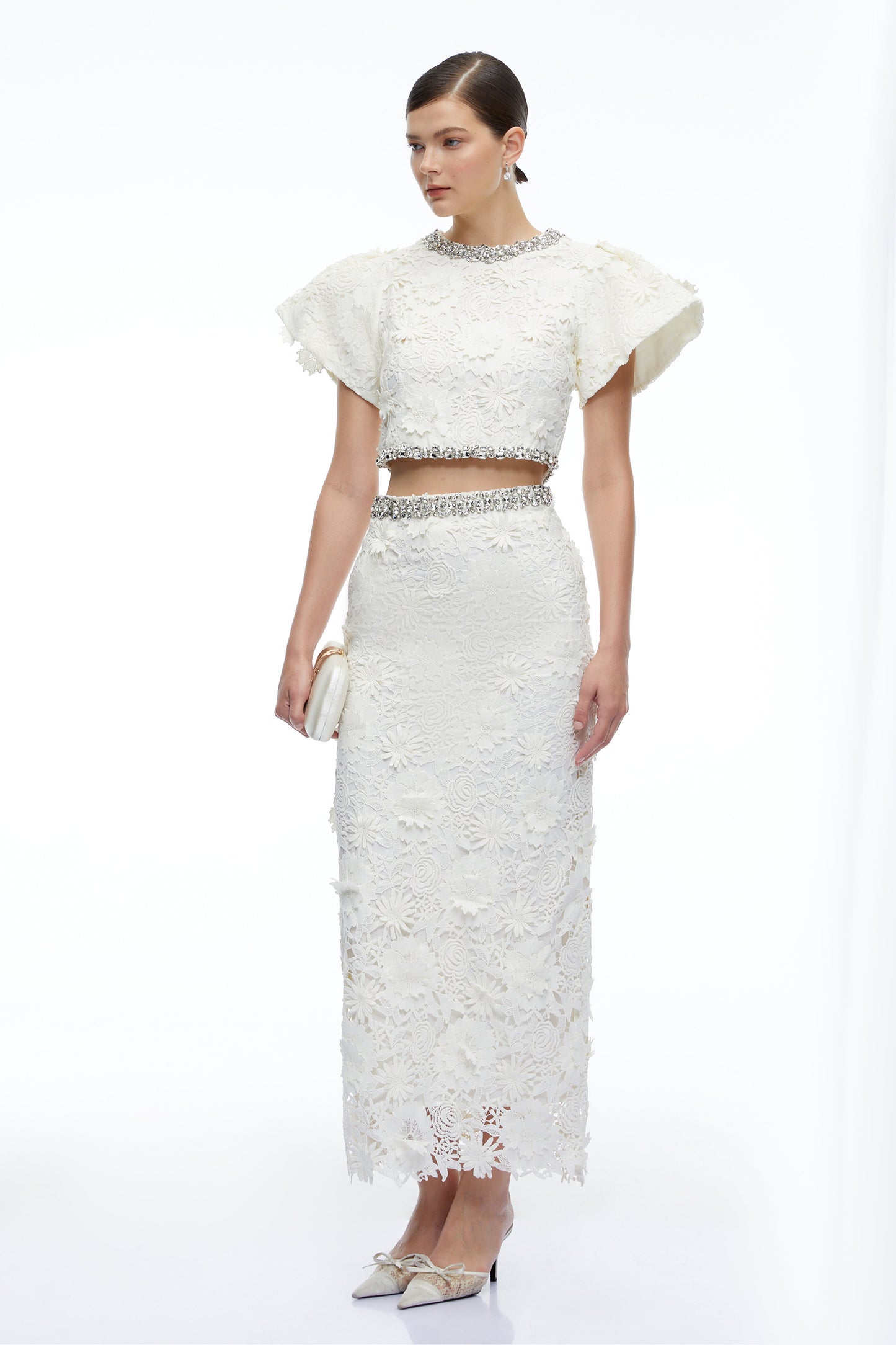 Mireille White Crystal Embellished Lace Top & Skirt Set