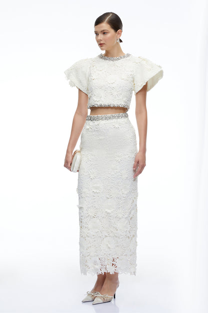 Mireille White Crystal Embellished Lace Top & Skirt Set