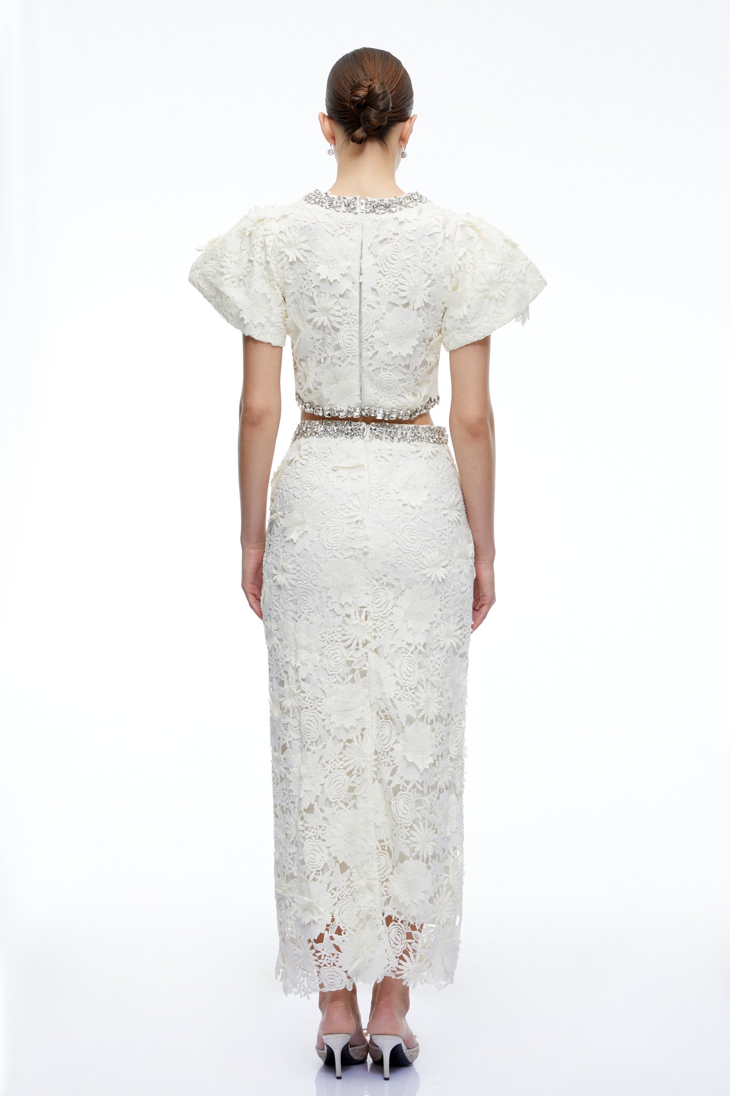 Mireille White Crystal Embellished Lace Top & Skirt Set