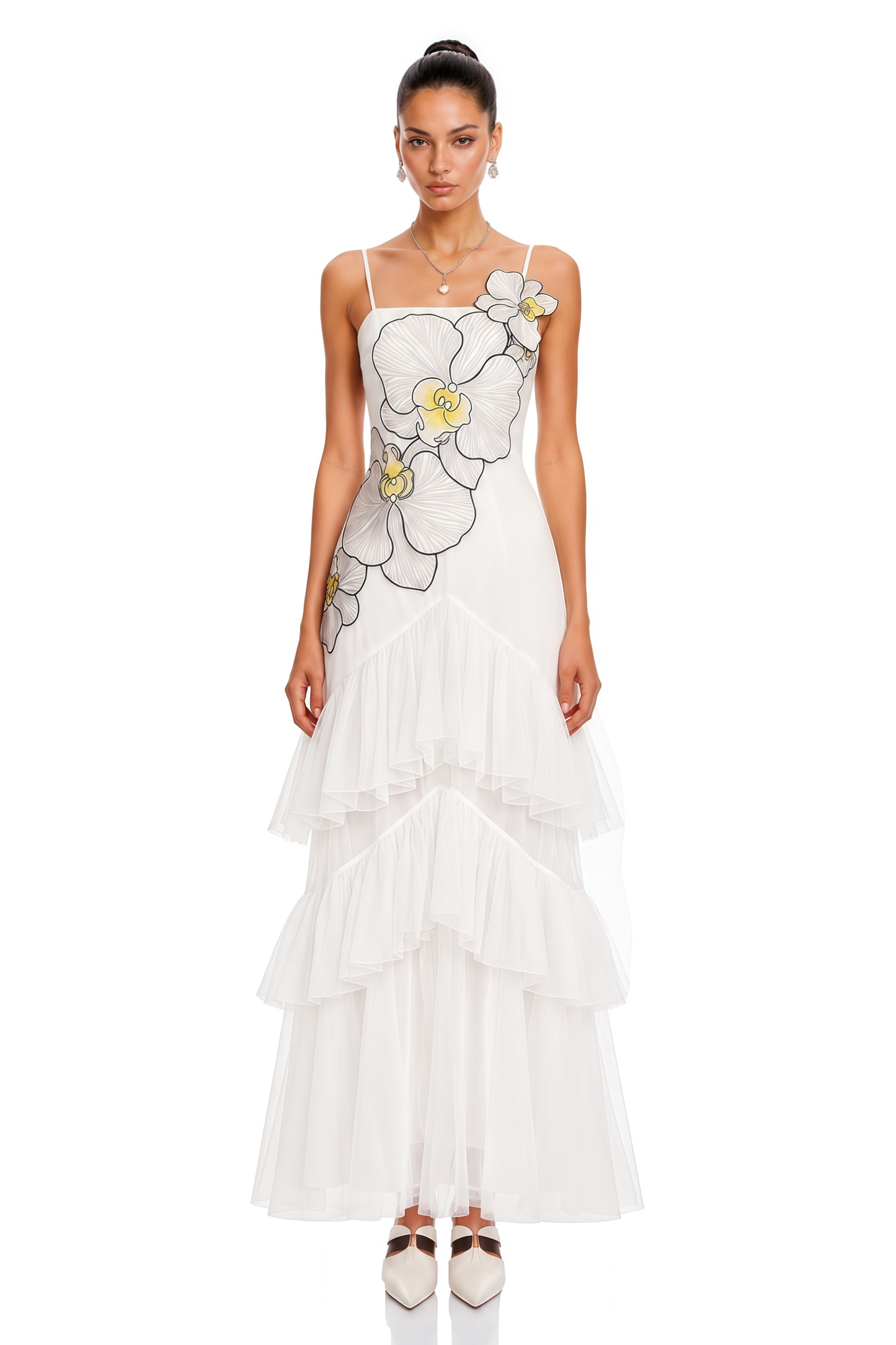 Mireille White Floral Print Ruffled Maxi Dress