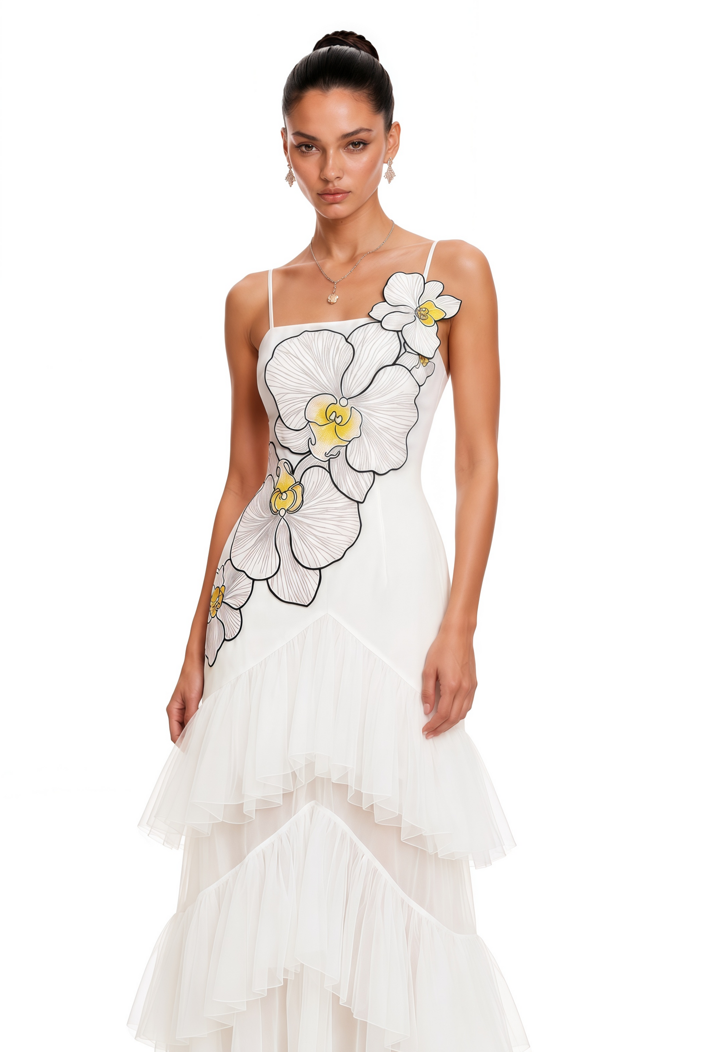 Mireille White Floral Print Ruffled Maxi Dress