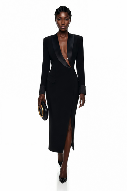 Mirela Black Asymmetrical Plunge Neck Midi Dress
