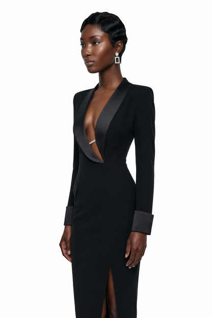 Mirela Black Asymmetrical Plunge Neck Midi Dress