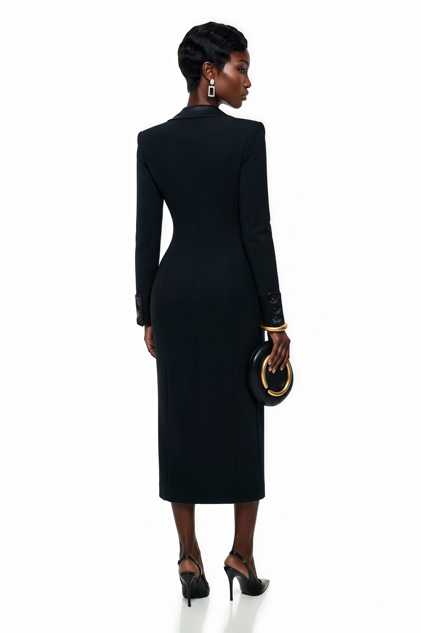 Mirela Black Asymmetrical Plunge Neck Midi Dress
