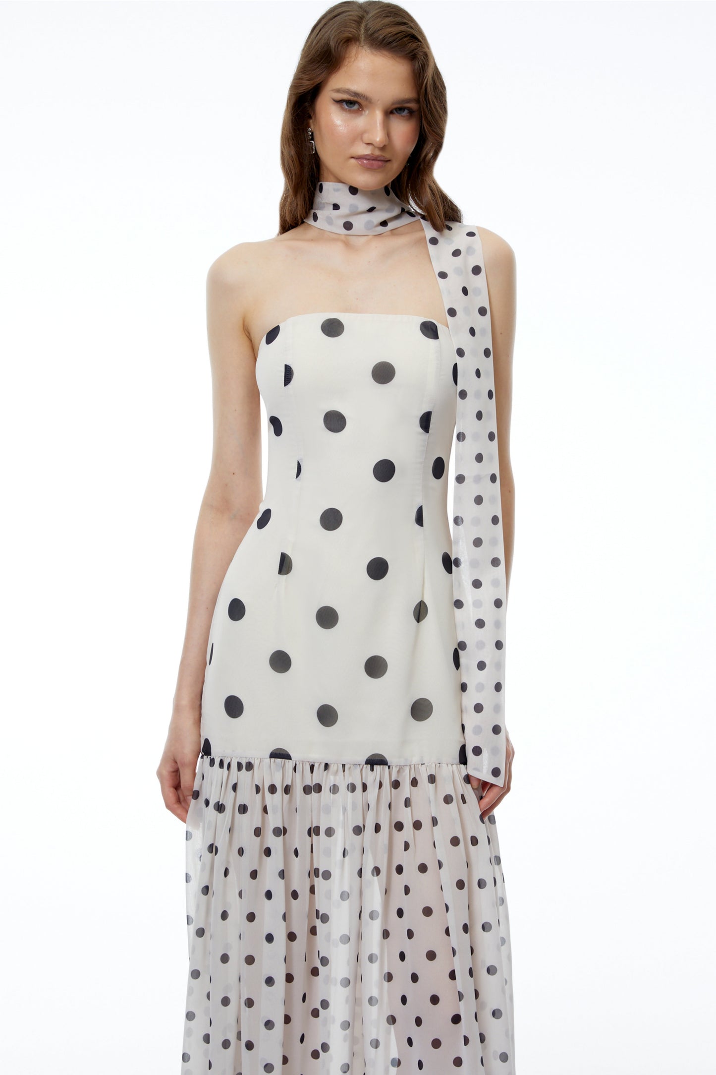 Mirela White Polka Dot Ruched Maxi Dress