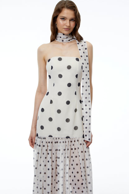 Mirela White Polka Dot Ruched Maxi Dress