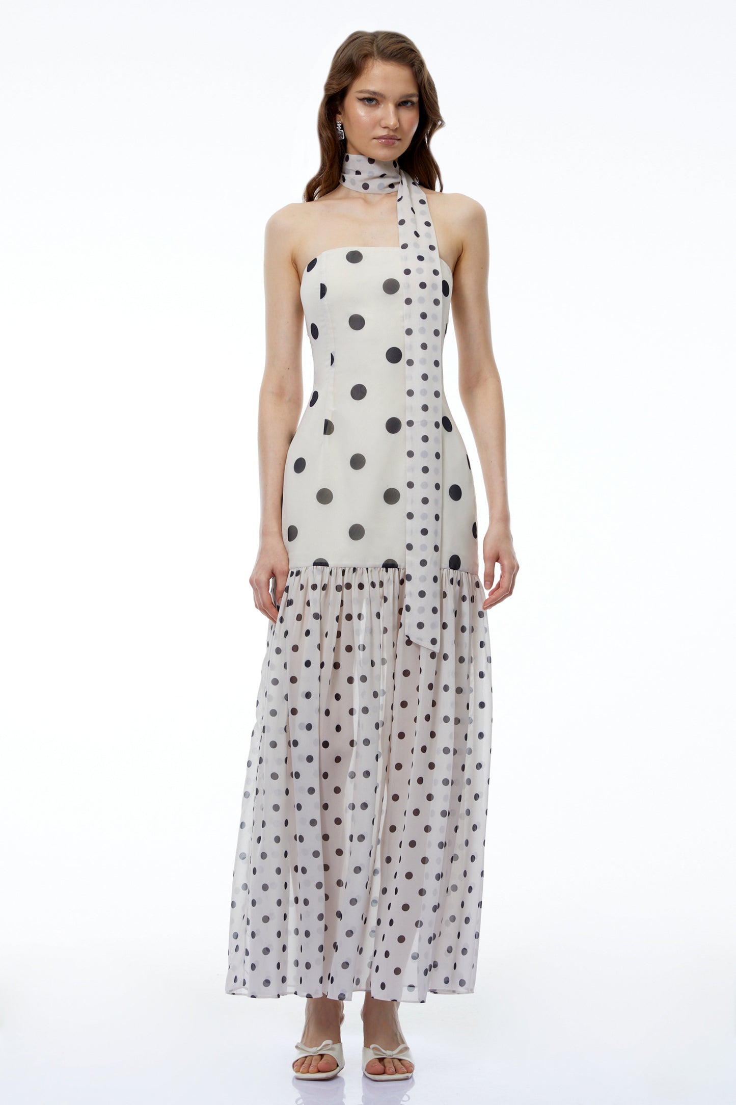 Mirela White Polka Dot Ruched Maxi Dress