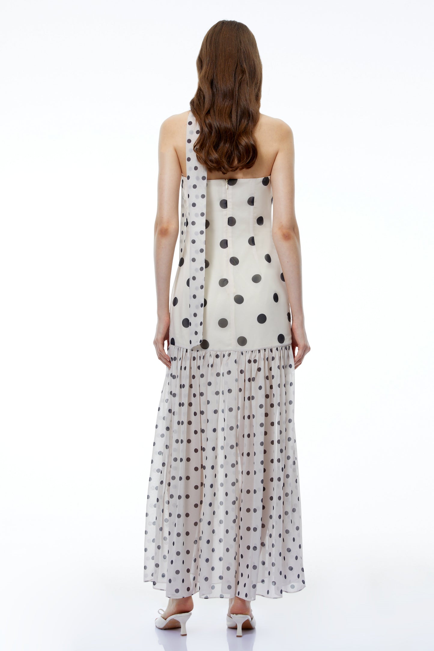 Mirela White Polka Dot Ruched Maxi Dress