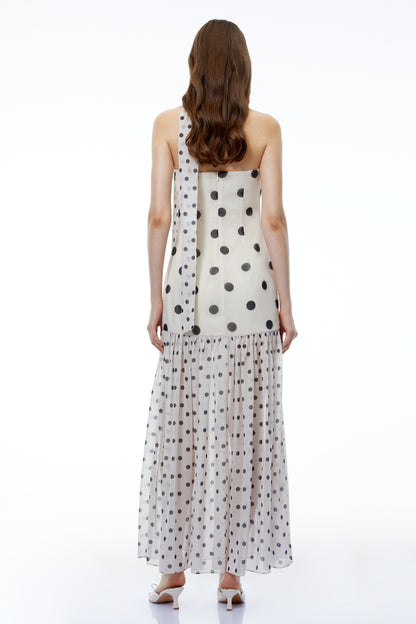 Mirela White Polka Dot Ruched Maxi Dress