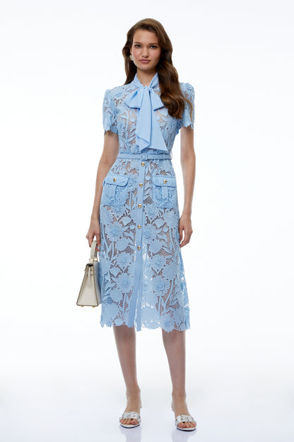 Moeraki Blue 3D Floral Lace Midi Dress with Bow