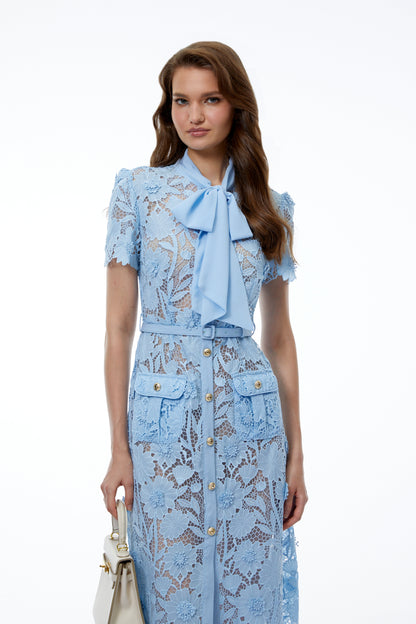 Moeraki Blue 3D Floral Lace Midi Dress with Bow
