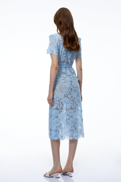 Moeraki Blue 3D Floral Lace Midi Dress with Bow