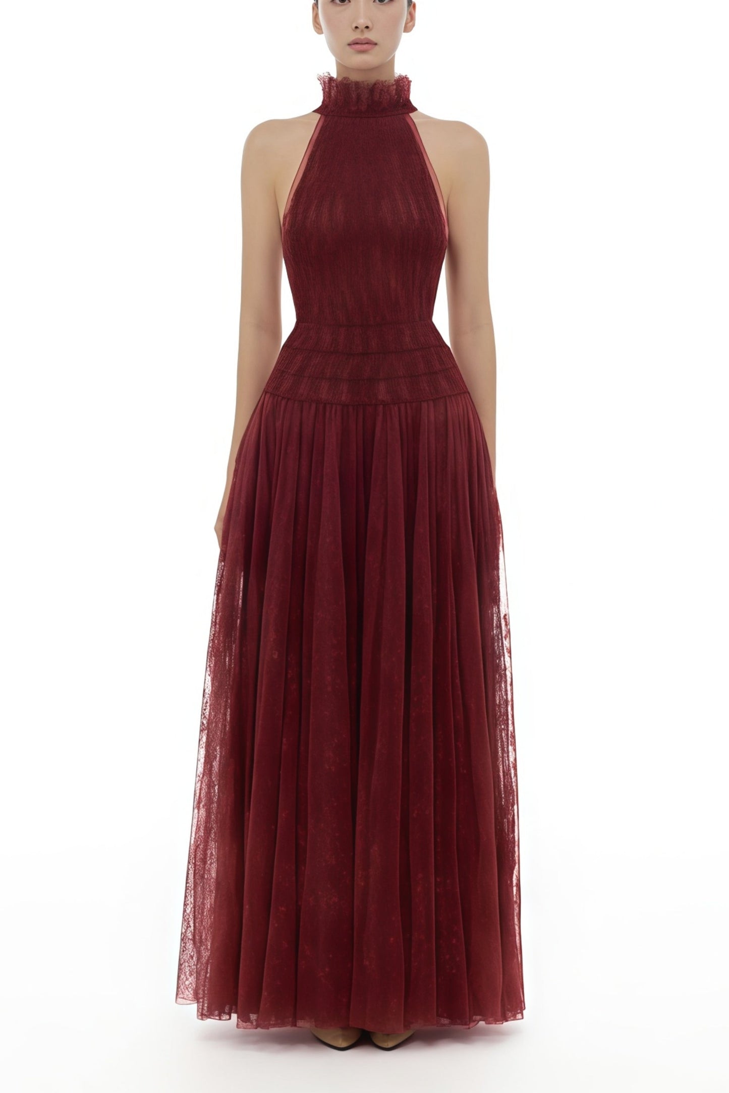 Amandine Red Halterneck Semi-sheer Maxi Dress