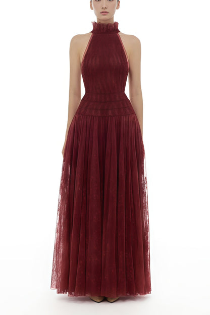 Amandine Red Halterneck Semi-sheer Maxi Dress