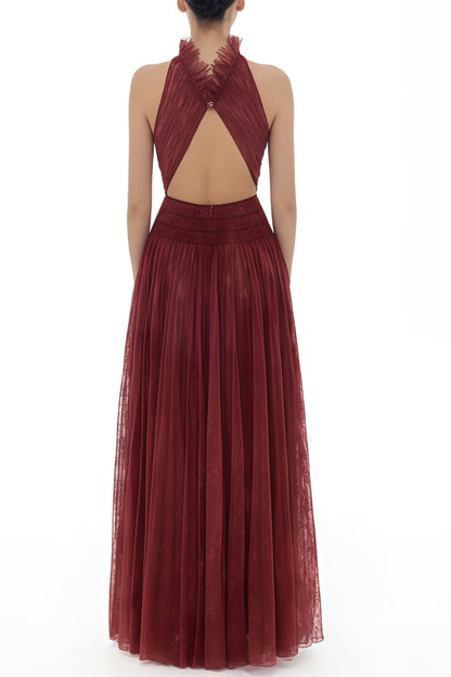 Amandine Red Halterneck Semi-sheer Maxi Dress